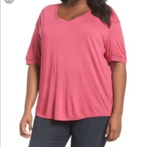 Sejour Hot Pink V-Neck Short Sleeve Shirt Size 2X